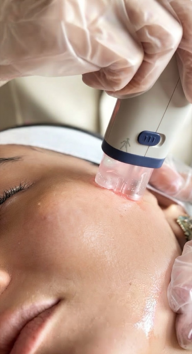 Sessão de MMP facial com aparelho de microinfusão na bochecha